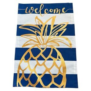 Evergreen Garden Yard Flag Gold Pineapple Welcome Navy White Stripe NWOT